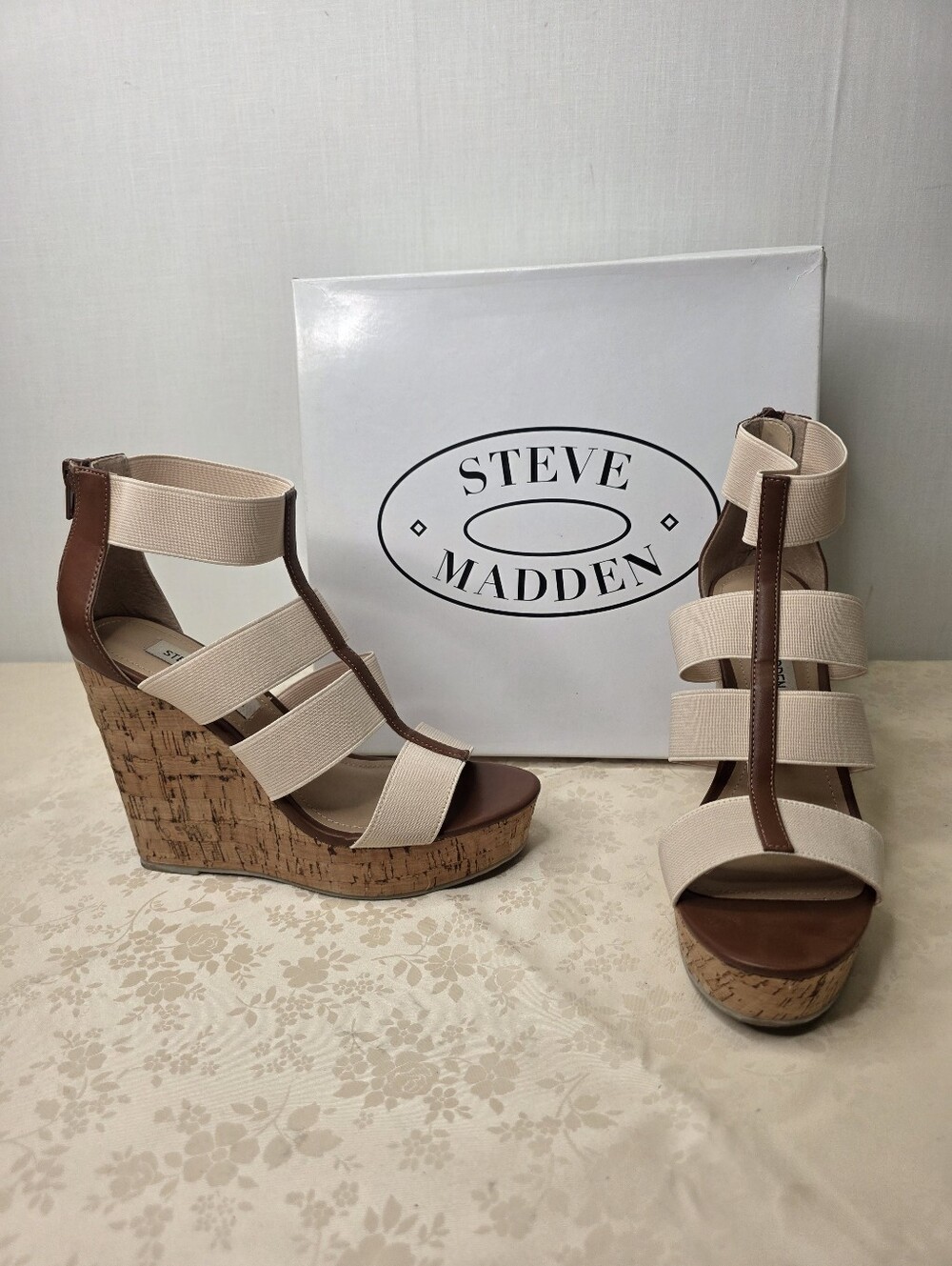Steve Madden Selinah Ivory Fabric Cork Platform Wedge Sandals Size 7